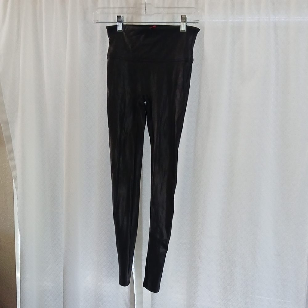 SPANX Black High-Waist Faux Leather Leggings In Small